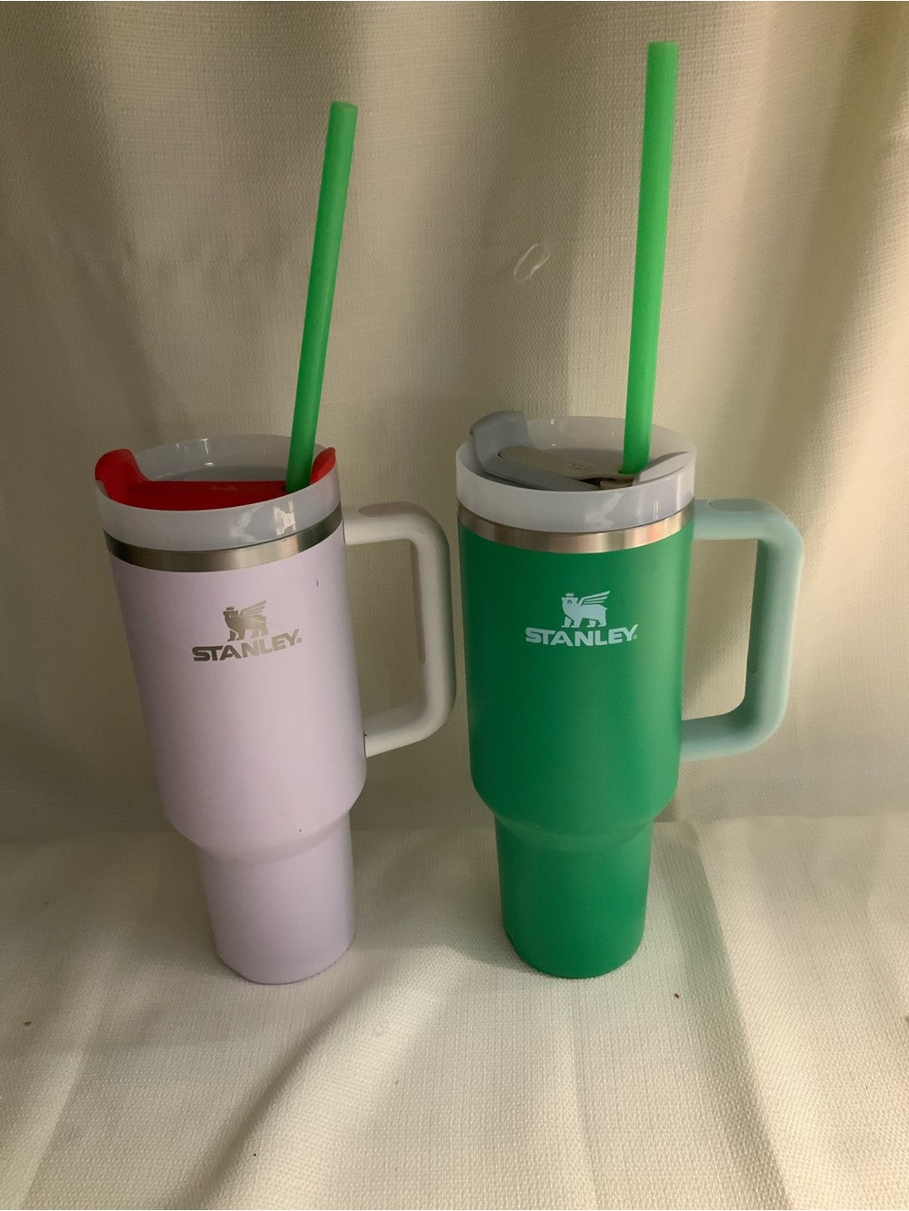 Lots of 2 40oz Stanley green & White Insulated Travel Mugs with Handles.